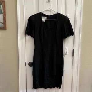 Black Short-Sleeve Scalloped Hem and Sleeve Dress